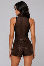 SEQUIN MESH HIGH NECK BODYSUIT & SHORTS SET