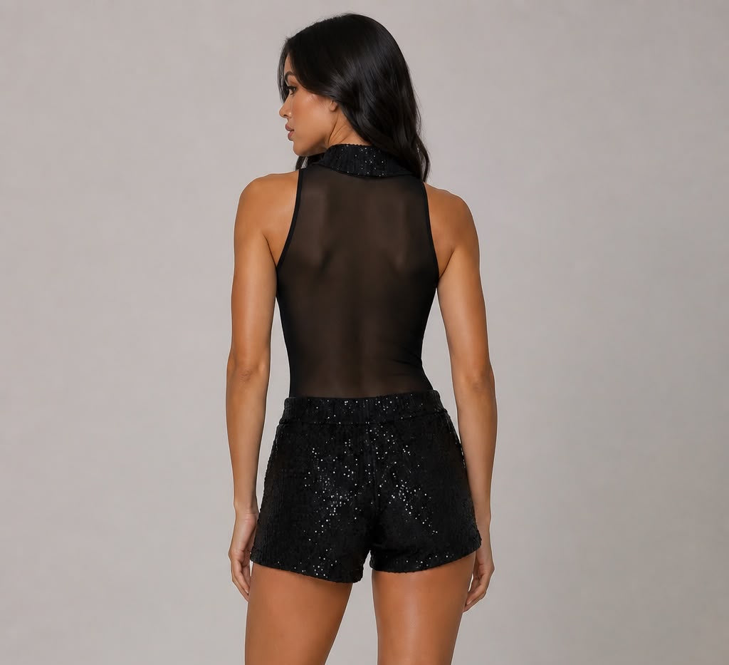 SEQUIN MESH HIGH NECK BODYSUIT & SHORTS SET