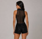 SEQUIN MESH HIGH NECK BODYSUIT & SHORTS SET